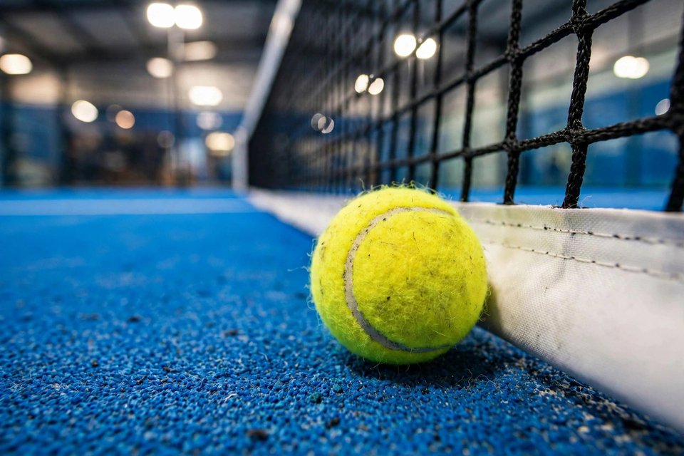 Bola padel kuning di dekat net court